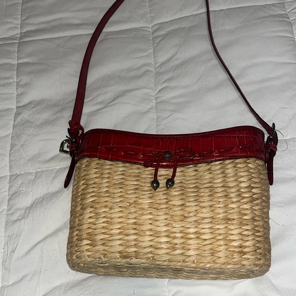 Brighton straw bag with red bandanna print interior red leather strap EUC - Picture 1 of 5